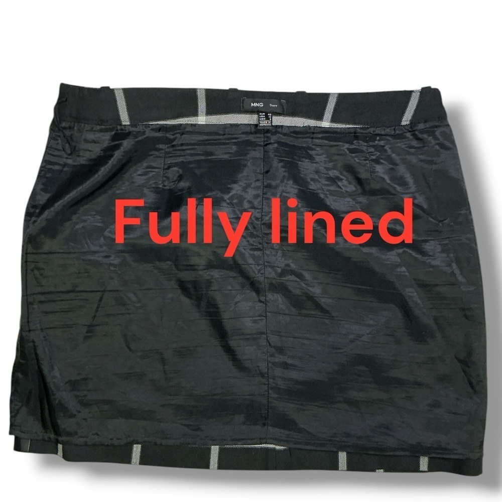 MNG Windowpane Plaid Skirt Faux Leather Trim Pockets Black White Gray Size 10 - Picture 7 of 15